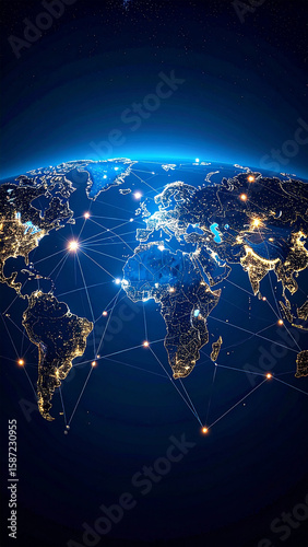 Global Network: A stunning visual representation of the world, highlighting the interconnectedness of cities and nations through a luminous network of data streams and digital connections.