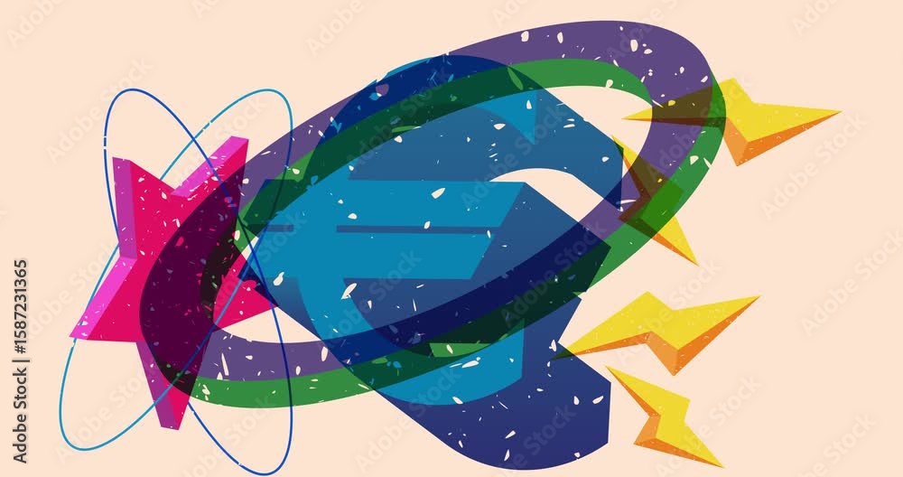 Risograph Euro Sign with geometric shapes animation. Moving object in trendy riso graph design video.