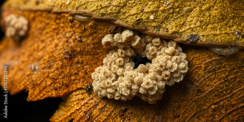 Macro shot of a decomposing leaf revealing intricate fungal network, studio lighting