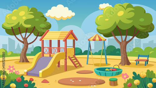 Playground with Equipment Sandpit and Trees Eye Level View