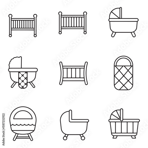 Set of baby cribs and bassinets outlined in minimalist black and white line art
