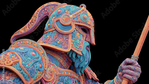 Colorful detailed warrior statue with intricate patterns