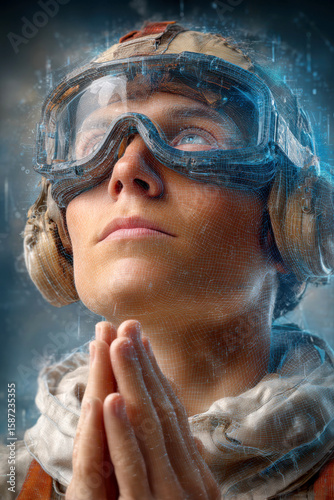 Young soldier wearing helmet and goggles with praying hands