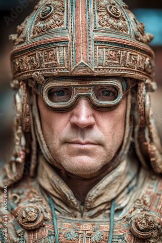 Man wearing detailed ancient warrior helmet and armor with serious