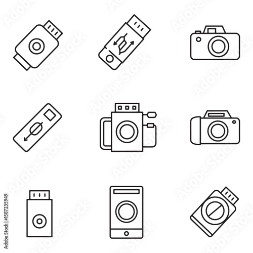 Set of minimalist line art illustrations featuring tech devices and photography icons