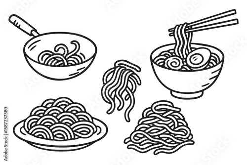 A black and white vector set features noodle bowls, chopsticks, and steam lines, all outlined in bold black lines for clear graphic appeal.

