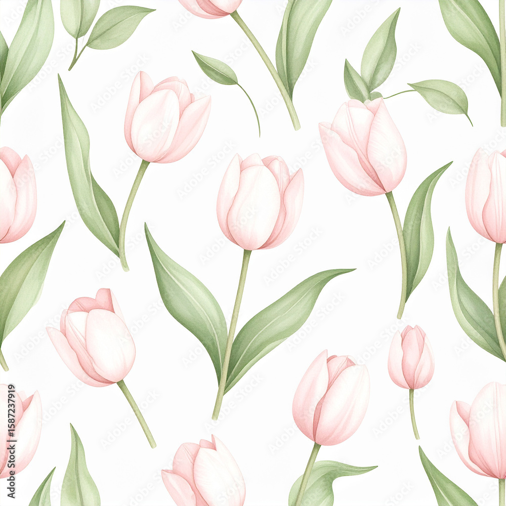 Obraz premium Ethereal Bloom: A vibrant depiction of spring's arrival, showcasing delicate pink tulips amid verdant foliage, evoking feelings of freshness and floral elegance.