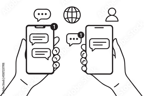 A minimalist black and white vector presents two smartphones connected through dotted lines, bold black outlines highlighting synchronized online activity and seamless information sharing.