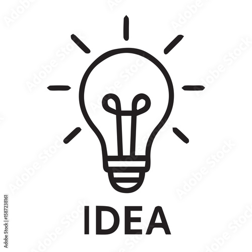 A black and white minimalist light bulb vector icon represents a bright idea, outlined in bold black lines for clarity and creative simplicity.

