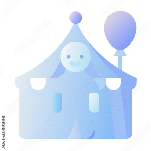 A circus tent with a clown face and a balloon