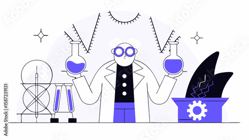 A scientist holding flasks conducts an experiment isolated on white background