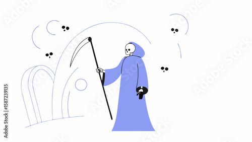 The grim reaper with a scythe stands isolated on white background