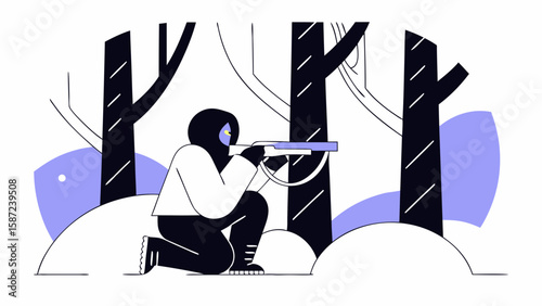 A hunter aims his rifle in a snowy forest, ready for the hunt