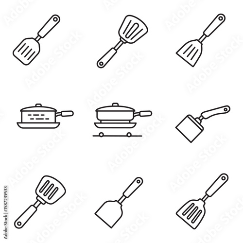 Set of simple black and white line art kitchen utensil and cooking equipment icons