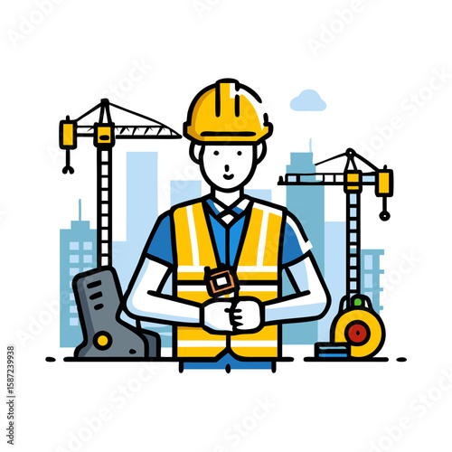 A construction worker stands in front of a building site with cranes