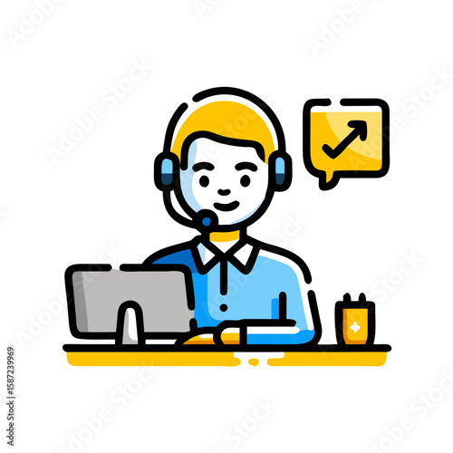 A customer service agent works at his computer with a headset on