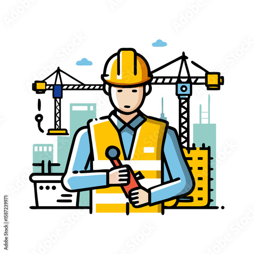 A construction worker stands in front of a building site with cranes