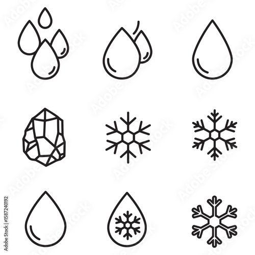 Set of simple line icons depicting water ice crystals and natural elements