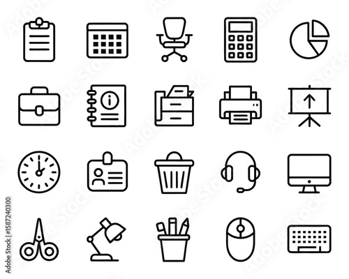 Office Vector Icon Set  Desk, Calendar, Chart, Calculator, Printer, Headset, Computer, Keyboard, Scissors, Lamp  Adjustable Line Weight