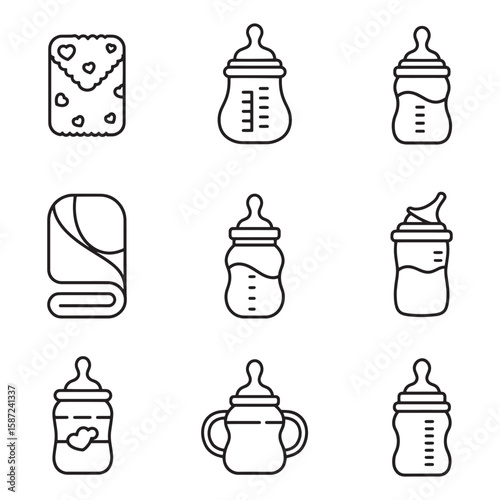 Simple black and white baby items icon set featuring bottles and receiving blankets