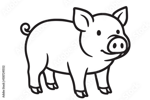 A black and white pig vector features a round snout and curly tail, outlined in bold black lines for clear and playful definition.

