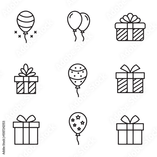 Simple black and white outlined icons of balloons and gift boxes for celebrations