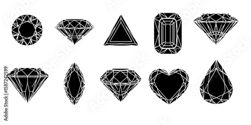 Diamond and Gemstone Cuts: A Silhouette Collection, 
Set of Various Gemstone Silhouettes on White Background, 
Elegant Diamond and Jewel Cuts Vector Illustration, Luxury Jewelry.