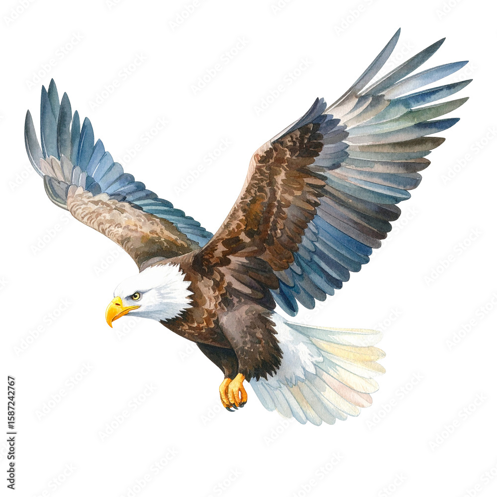 Fototapeta premium Majestic Eagle in Flight: An expertly crafted illustration captures the regal beauty of an American eagle in mid-flight, its wings gracefully spread against the sky, showcasing its power and freedom.