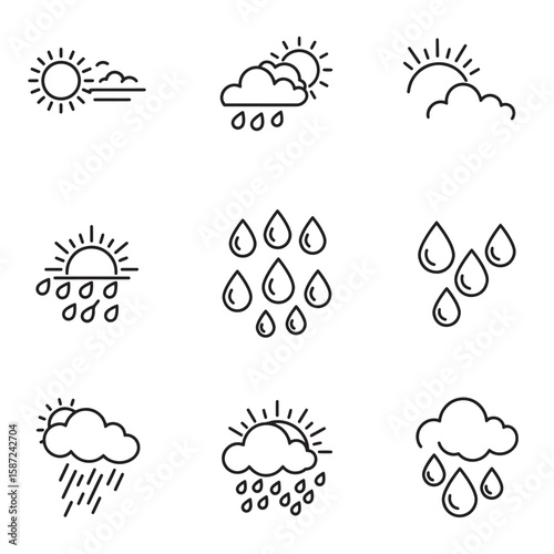 Simple black and white weather icons depicting sunshine rain and cloudy skies