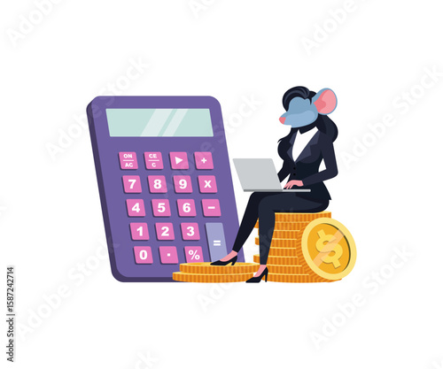 Mouse-headed businesswoman with laptop sits on gold coins near calculator
