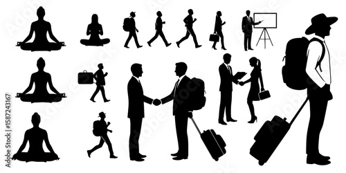 Business and Travel: A Set of Professional Silhouettes, Work and Life Balance: Silhouettes of People Meditating and Traveling, Corporate Lifestyle: Silhouettes of Business Professionals.