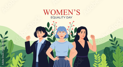 Diverse Women Celebrating Equality Day with Raised Fists and Floral Accents