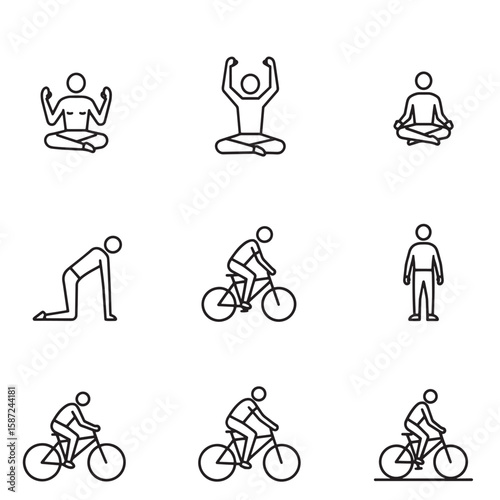 Simple line art illustrations show people exercising bicycling and practicing yoga positions