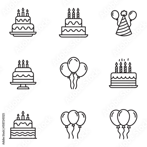 Simple monochrome birthday celebration icons featuring cakes balloons and party hat designs