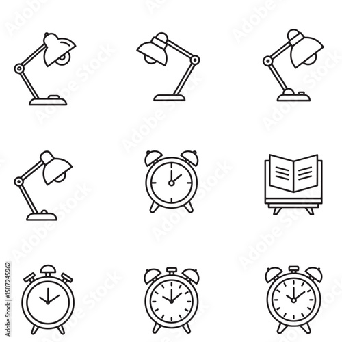 Vector illustration of desk lamps alarm clocks and book icons in black outline style