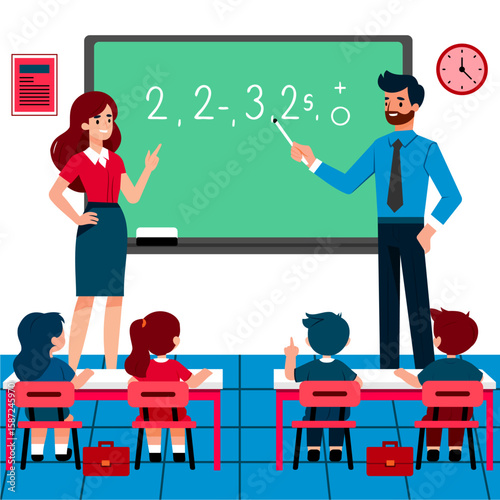A classroom scene with a male and female teacher instructing students at their desks in front of a blackboard.