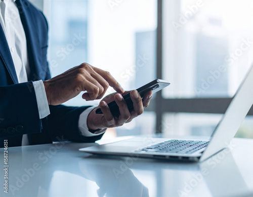 スマートフォンとパソコンを使ったビジネスコミュニケーション、モバイルワーク時代の働き方イメージ