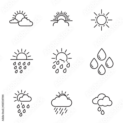 Weather icon set with sun clouds and raindrops representing various meteorological conditions