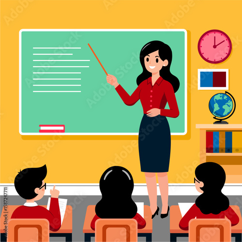 Smiling teacher instructs students in a bright classroom.