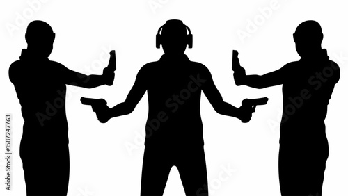 Silhouette of three figures with guns and headphones in a shooting range training scenario depicted