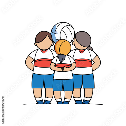 Three children in sports uniforms with balls volleyball basketball