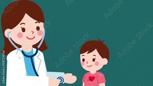 Cartoon depiction of a female doctor examining a young boy with a stethoscope.