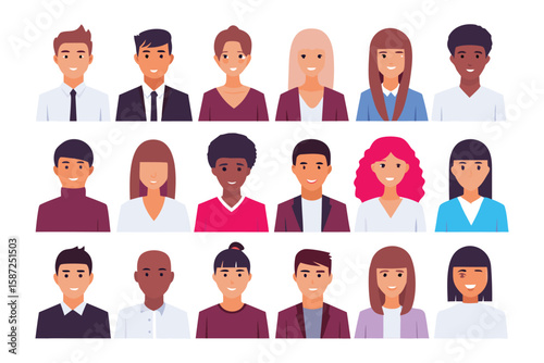 Diverse Portraits: A captivating collection of varied individual portraits showcasing a spectrum of ages, ethnicities, and expressions in vibrant, uniform style.