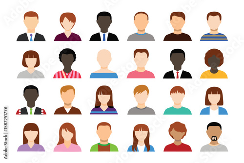 Diverse Avatar Collection: A vibrant array of flat design avatars showcases the beautiful tapestry of human diversity, perfect for representing individuality in digital landscapes.