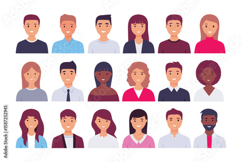Diverse Portrait Collection: A vibrant illustration showcasing a diverse array of people, each with a unique expression and identity, representing a rich tapestry of human faces. 