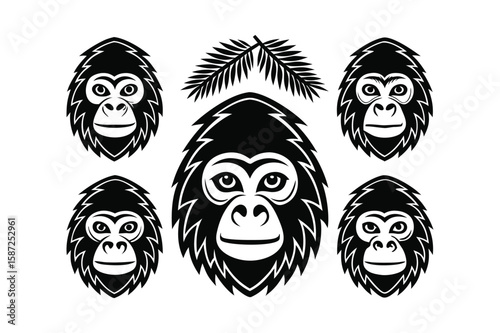 Stylized black and white gorilla faces with a palm frond accent