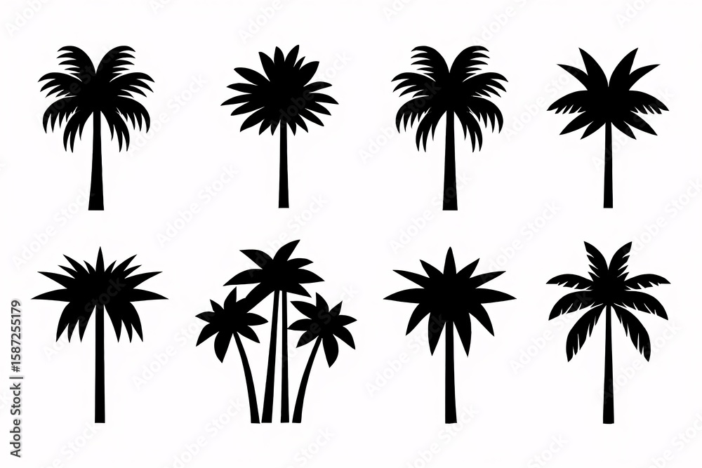 Obraz premium Collection of Eight Black Silhouette Palm Trees: Tropical, Summer, Vacation, Minimalist Design Elements