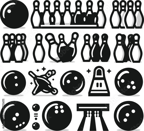 Bowling ball and pins vector illustration set, a collection of sport and recreation icons