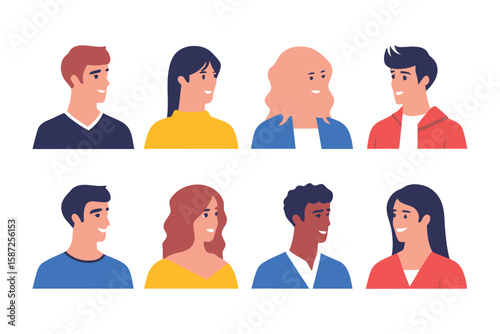 Diverse Portrait Collection: A vibrant array of stylized portraits representing a variety of individuals, showcasing different appearances and expressions, ideal for design