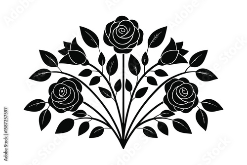 Stylized black rose bouquet with leaves and buds on white background